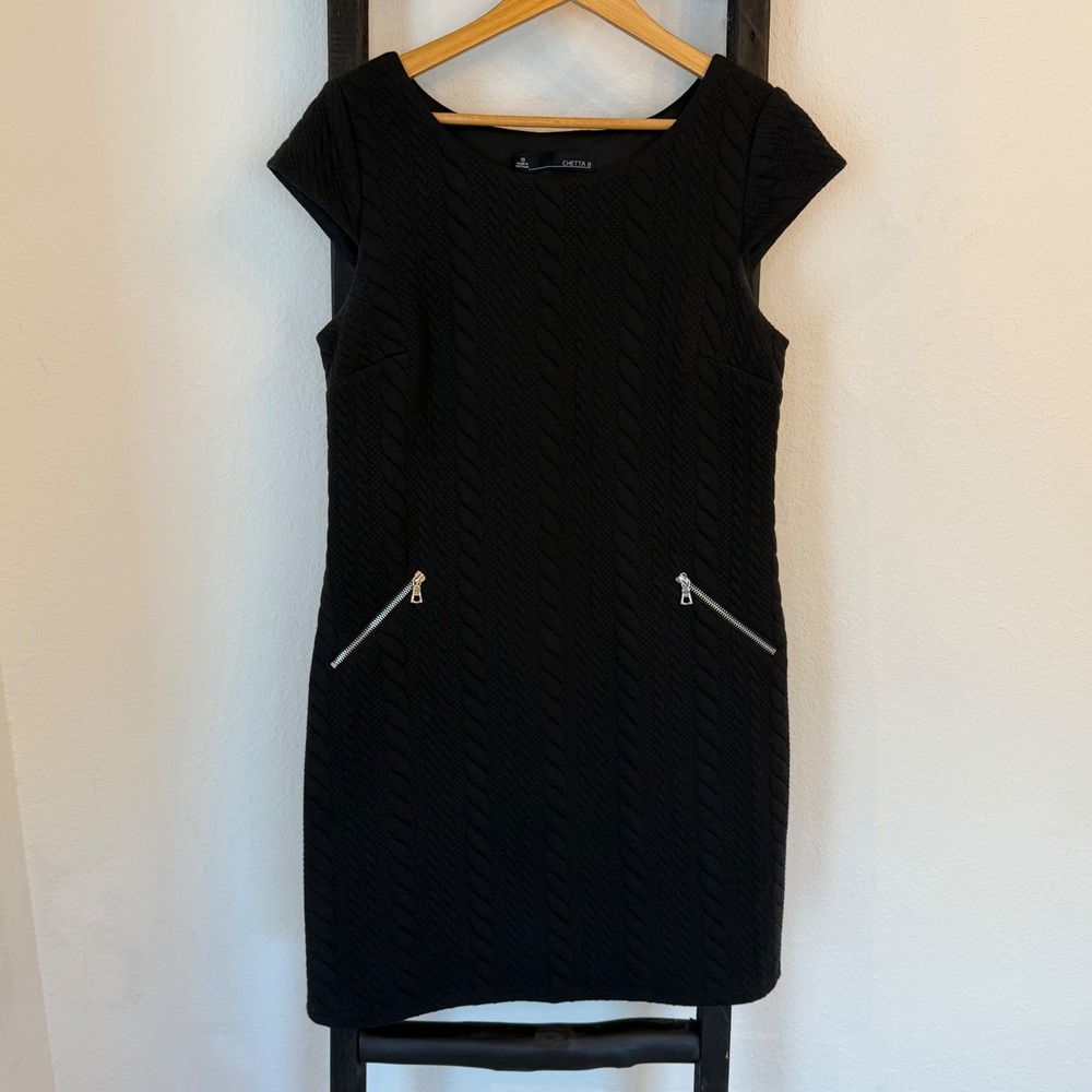 CHETTA B Dress Black Textured Cap Sleeve Zipper Pocket Size 10‎
